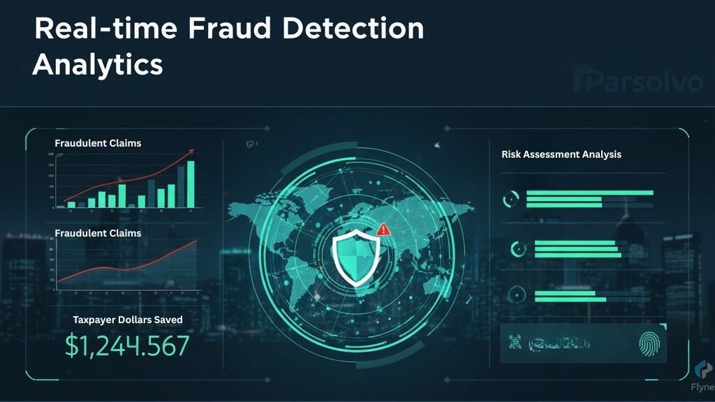 Data analytics dashboard showing fraud detection metrics and patterns